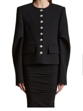 KHAITE Black Wool-Blend Sculpted-Shoulder Jacket with Silver Buttons